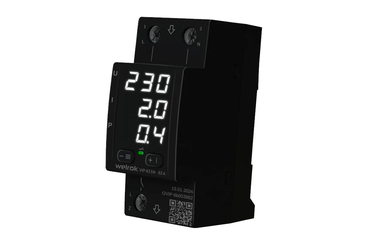 Реле напряжения с контролем тока и мощности Welrok VIP-63 bk