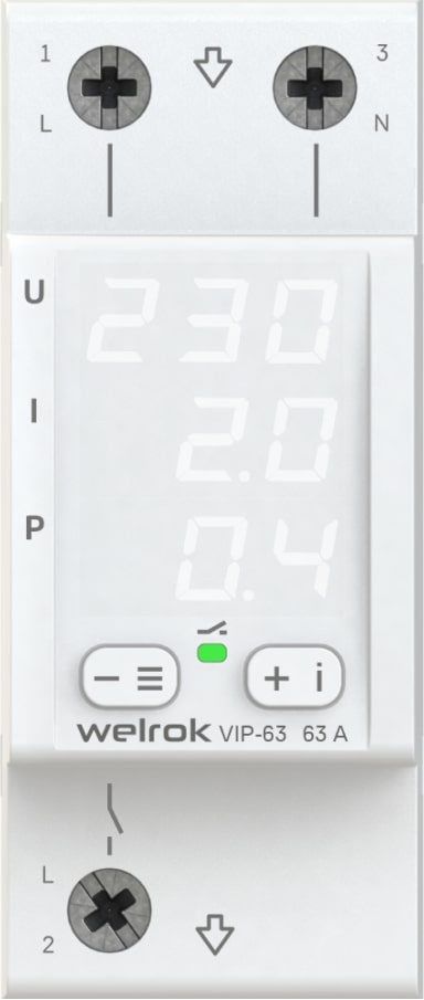 Реле напряжения с контролем тока и мощности Welrok VIP-63 Реле напряжения с контролем тока и мощности Welrok VIP-63
