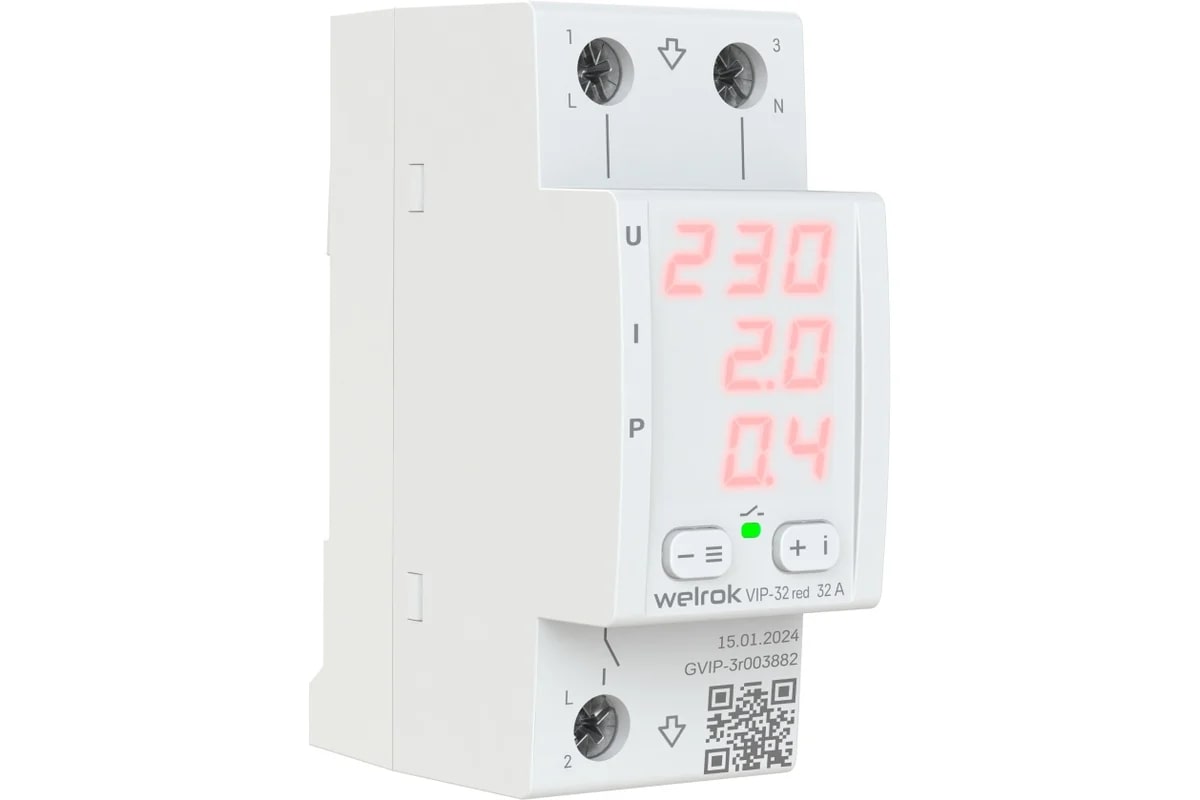 Реле напряжения с контролем тока и мощности Welrok VIP-32 red